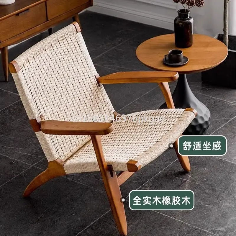 Solid Wood Rattan Sofa Chair Living Room Armchair Home Leisure Rope Backrest Simple Modern Lazy Rocking Chair Furniture