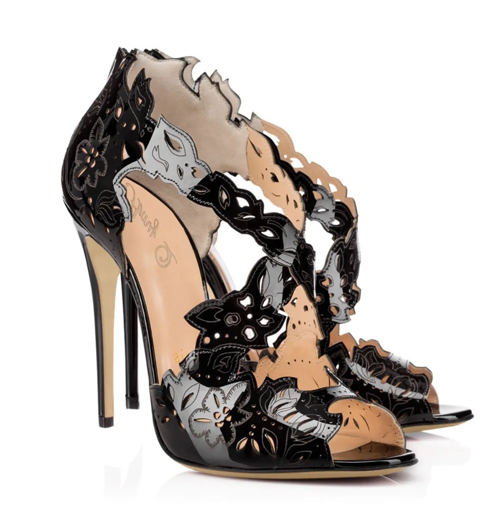 

Designer Cross-Strap Flower Leather Peep Toe Sandals Summer Women Stiletto Black High Heel Sandalias Round-Toe Shoes