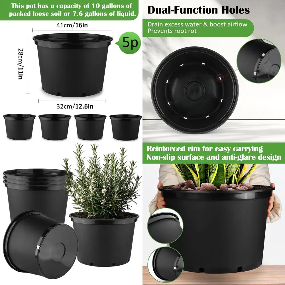 

10-галлонные черные пластиковые горшки для рассады, 16-дюймовые круглые с дренажом, набор из 5 штук для крупных комнатных или уличных растений