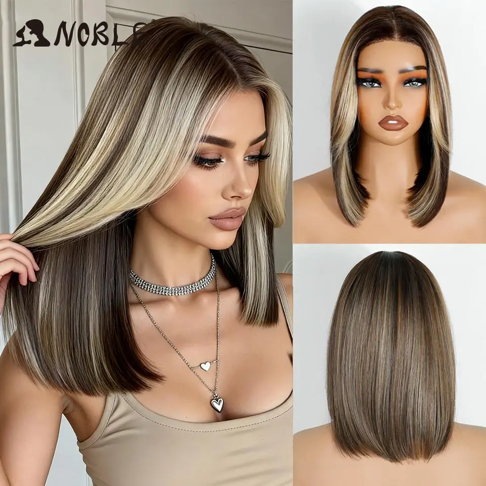 Noble Synthetic Lace Front Wigs For Women 12 Inch Pre Plucked Pre-Cut Ombre Brown Blonde Straight Layered Bob Wig Cosplay Wig