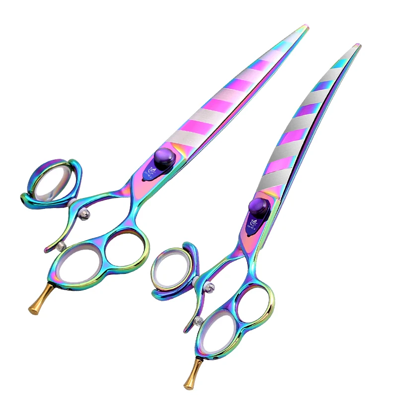 Fenice Dog Scissors Professional 8 inch 3 Hole Handle Swivels Rainbow Flip Stripe Straight Curved Pet Grooming Scissors JP440C