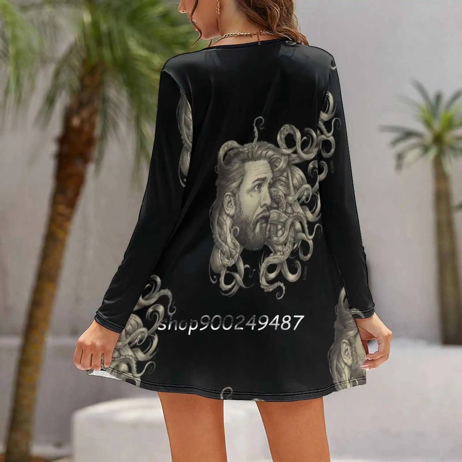 Poseidon Long Sleeve Sexy Dresses For Women 2022 Ladies Vintage Elegant Party Dress Poseidon Neptune Greek Gods Myth Legend