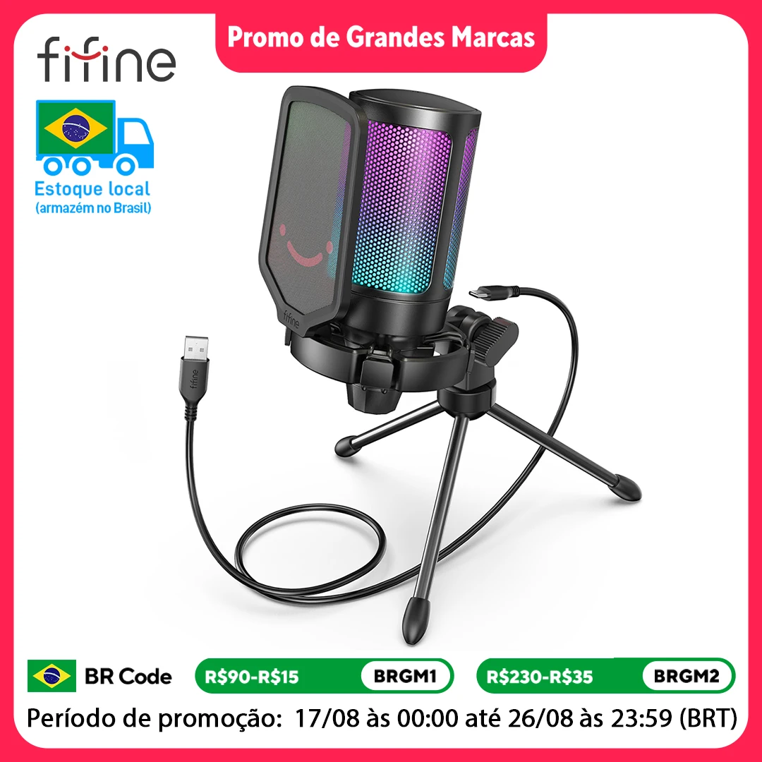 FIFINE Ampligame Microfone USB para streaming de jogos com filtro pop, suporte antichoque e controle de ganho, microfone condensador para PC/MAC -A6V