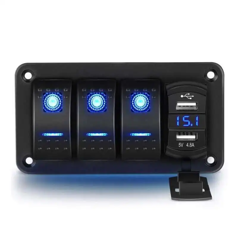 

4 Gang Panel 4.8 Amp Dual USB Charger Voltmeter Waterproof 12V 24V DC Rocker Switch With Night Glow Stickers