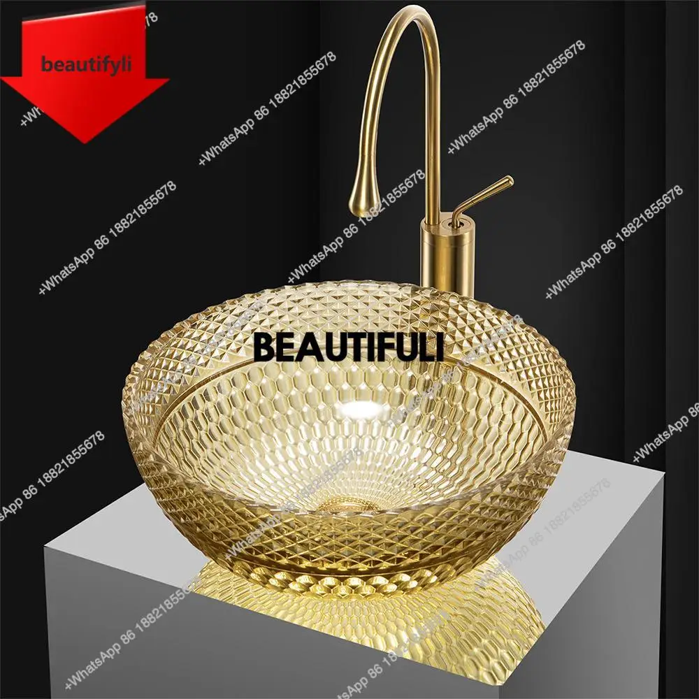 

a44 Стеклянная раковина в скандинавском стиле, легкая роскошная круглая раковина на столешнице, креативная раковина с рисунком в виде сотовой сетки