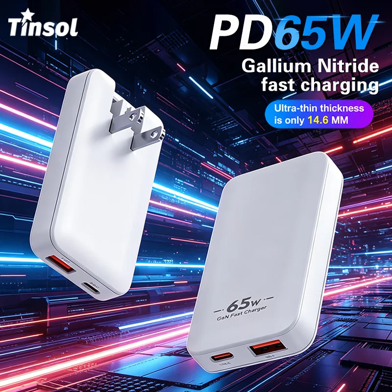 TINSOL PD 65W Ultraflaches Galliumnitrid-Ladegerät US/EU/KR/UK USB-C Dual-Port Schnellladegerät mit Mehrfach-Reisesteckern