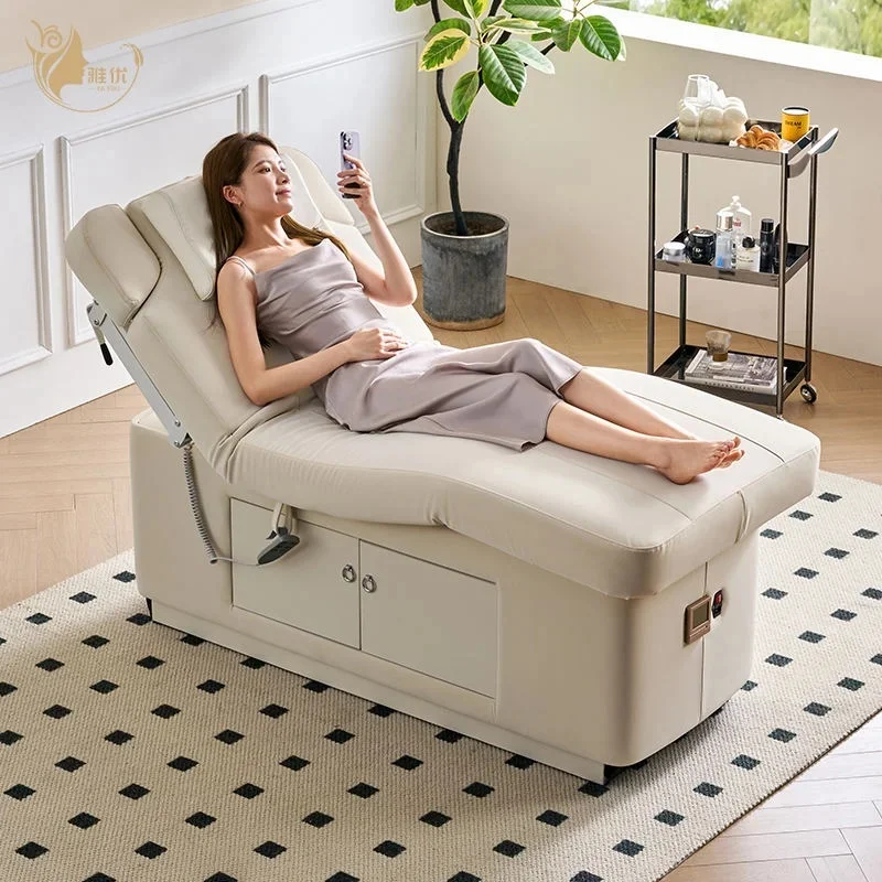Electric 2-Motor Facial Bed Beige Storage Base Esthetician Chair Massage Table Medical Spa Beauty Salon Furniture