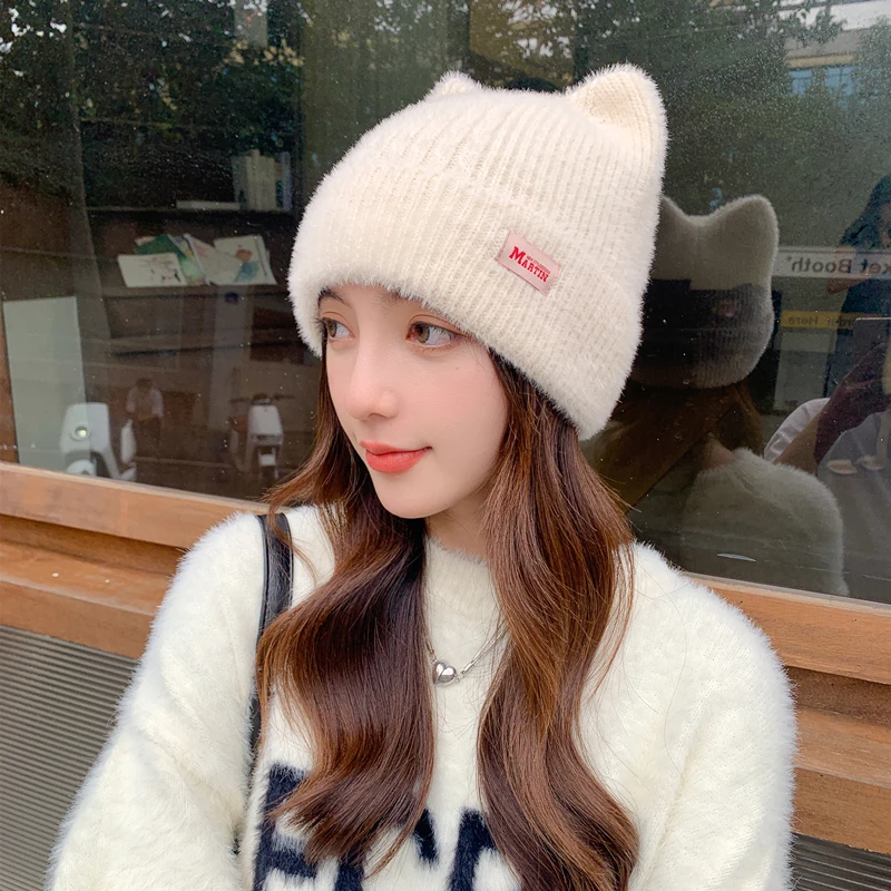 New Style Women Cute Cat Ear Earflap Winter Hat Faux Fur Knitted Hat Kpop Style Soft Beanie Hats Female Streetwear Dandy Cap