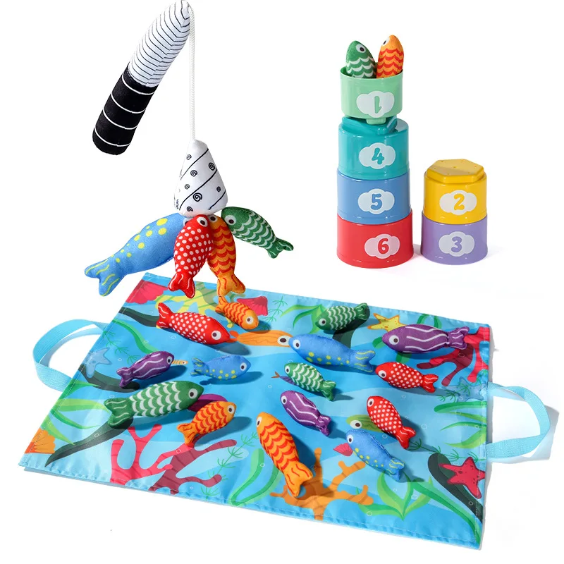 Jouets de poisson Montessori, jeu de pêche en tissu pour les tout-petits de 6 à 12 mois, jouet sensoriel, tasses empilables, comptage des nombres, tri des couleurs, cadeau