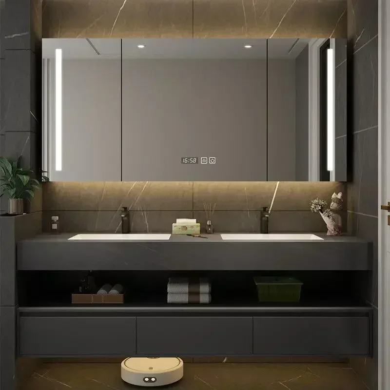 Mirror Cabinet, Bathroom Vanity, Rock Board, Single and Double Sink Floating, with Smart Mirror, Suitable for Bathroom Bathing