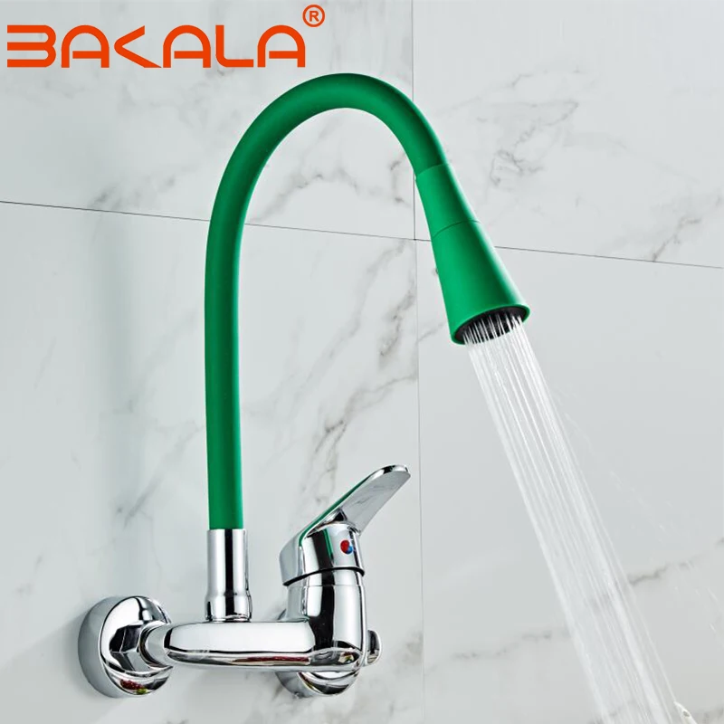 BAKALA Multicolor Wall Mounted Kitchen Faucet Wall Kitchen Mixers Kitchen Sink Tap 360 Degree Swivel Flexible Hose Double Holes