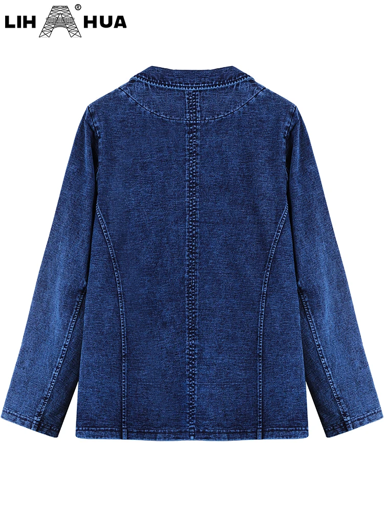 LIH HUA Women's Plus Size Denim Suit Autumn Chic Elegant Suit For Chubby Women Knitted Cotton Suit