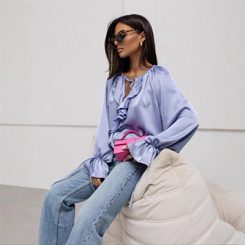 American Style Elegant Comfortable Ruffle T-Shirt Lace up Casual Loose V Neck Pullover Tops Autumn Female Flare Sleeve Tees 2025