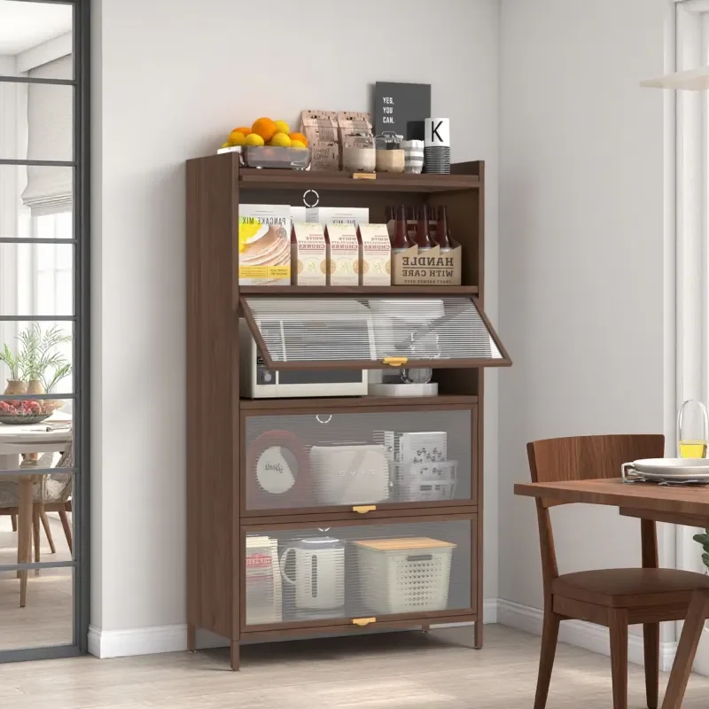 57 Inch Tall Metal Storage Cabinet with 4 Flip Doors Ample Space for Bedroom Office Living Room Hallway Entrance Walnut Color