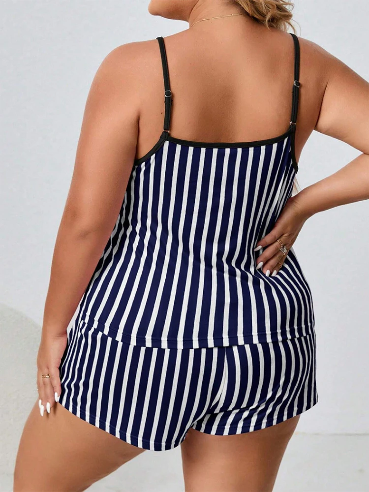 5XL Plus Size Women Pajamas Summer Striped Camisole Shorts Homewear Soft Smooth Sleepwear 2 Pieces  Sling Top&Shorts Lounger