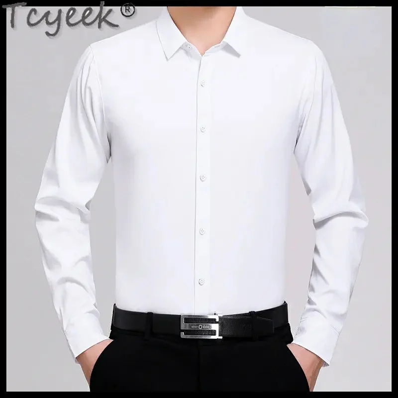 

Tcyeek Men's High-grade Real Silk Shirts Spring Long Sleeve Top Formal Business White Shirt 100% Mulberry Homme LM