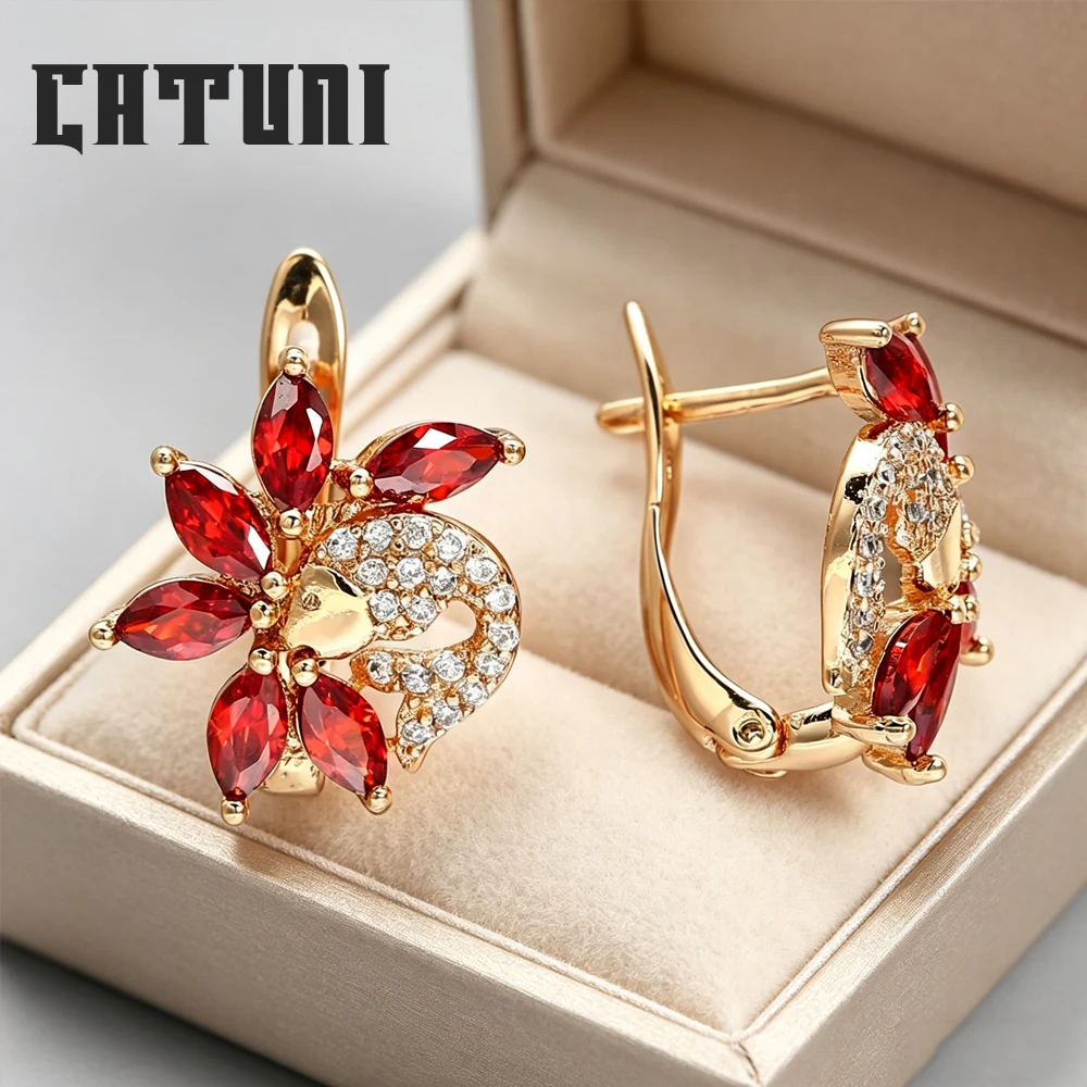 Catuni Red And Blue Natural Zircon Crystal Stud Earrings Elegant Golden Stud Earrings Unique Design Women's Jewelry Gift