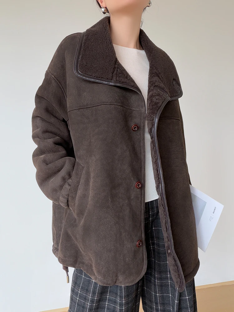 High-End-Luxus-Merin-Schaffell-Wildlederjacken für Damen, 2022, neuer einfacher Vintage-Winter-Echtleder-Echtpelz-Lammfellmantel