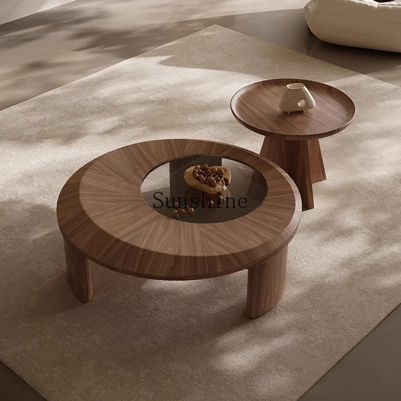 Medieval wabi-sabi creative round tempered glass walnut coffee table combination