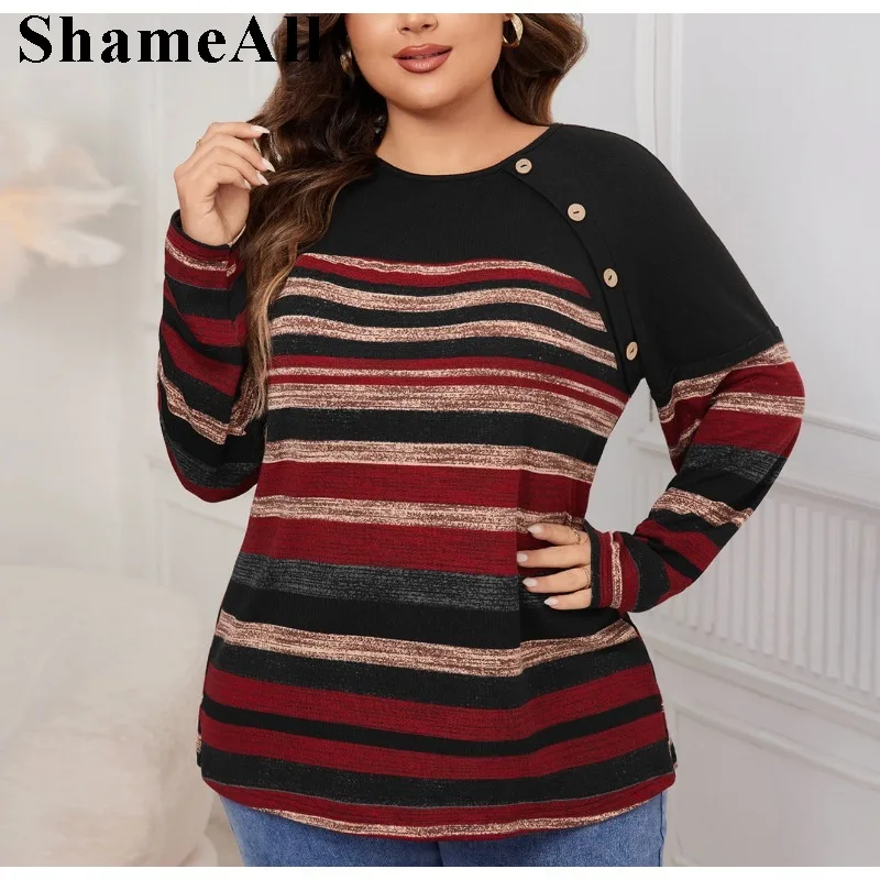 Plus Size Fall Women Clothes Round Neck Casual Long Sleeve T Shirt Fall Women Clothes Striped Simple Casual Blouse