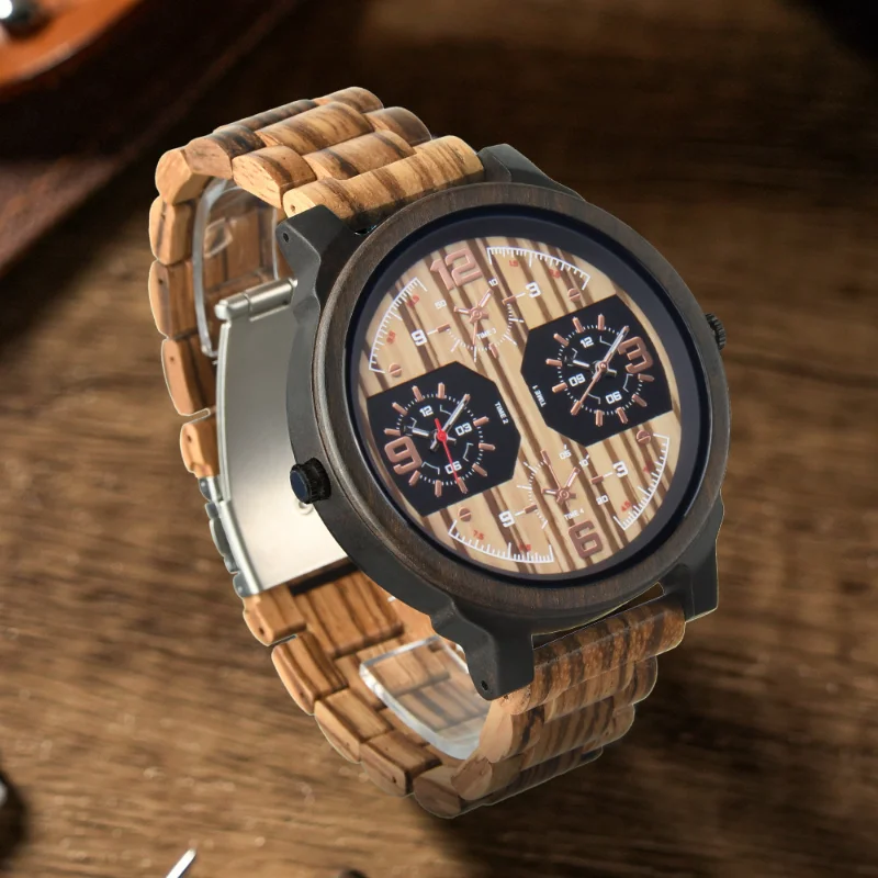 Quartz Watch Men Wooden Large Dial Dual Time Zones Luminous Wristwatch Casual Fashion Full Mood Clock 2023 New