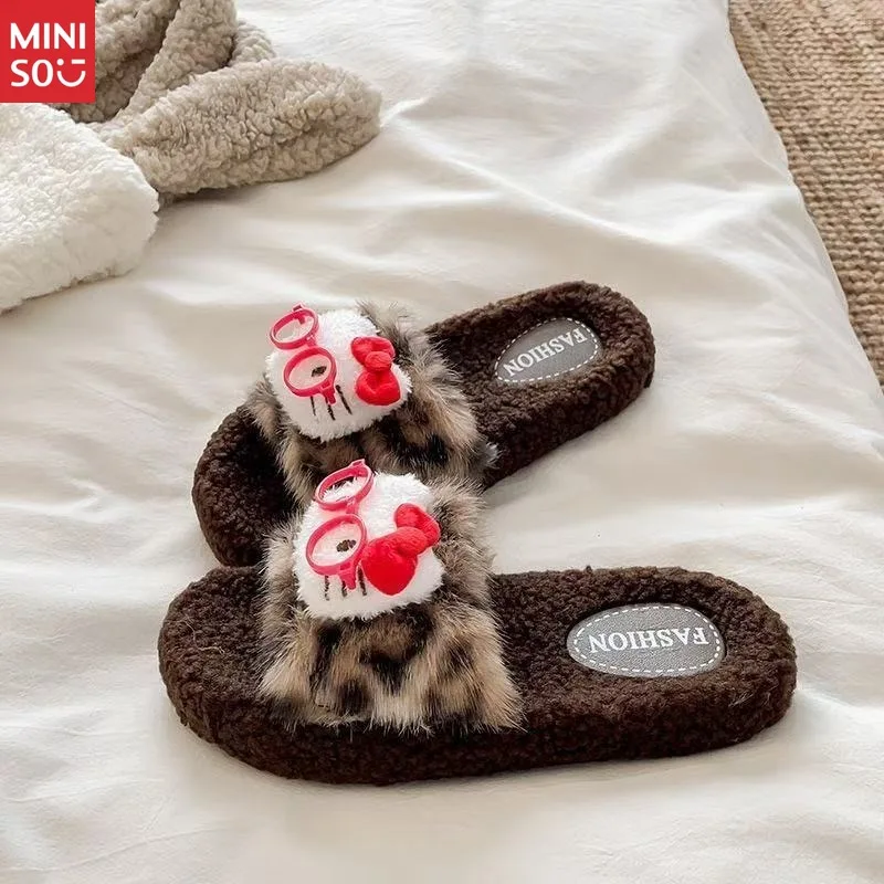 

Женские тапочки Miniso 2025 с героями мультфильмов, корейская плюшевая домашняя обувь с противоскользящим покрытием
