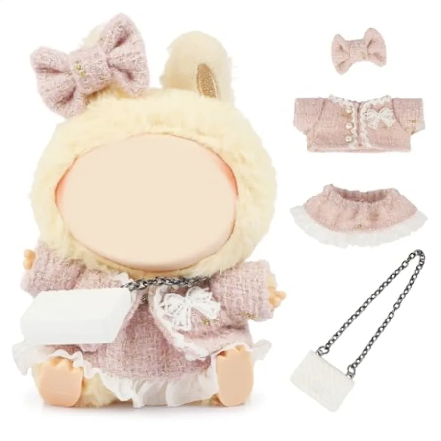 

4 Set 15 17cm Doll Clothes for labubu Dolls Outfit Accories for Girl with Coat + Skirt + Handbag + Bow No Doll (Pink)