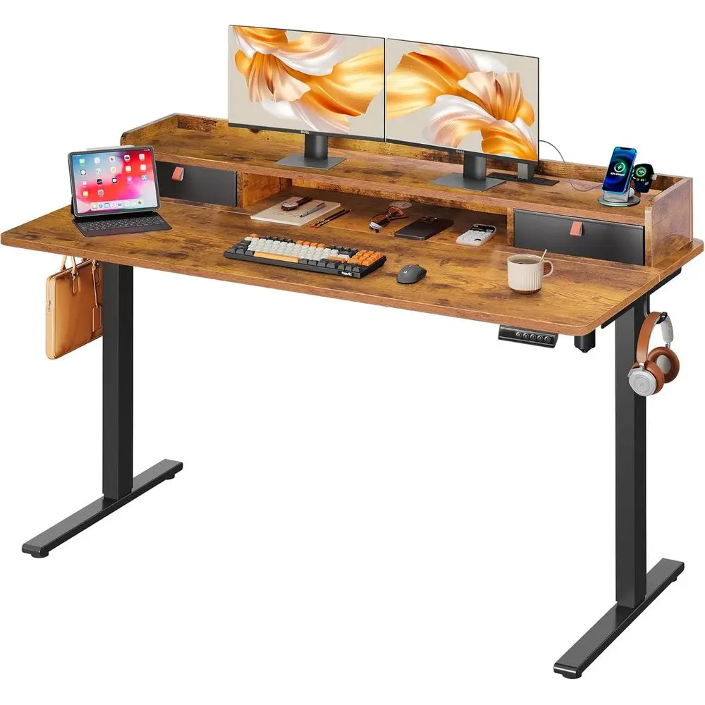 Rustic Brown Electric Standing Desk: 55x28 Inches with 3 Adjustable Heights, Drawers, Storage Shelf, USB Outlets, and Memory Pre