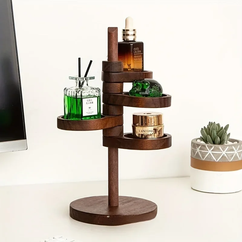 Multi-Layer Rotatable Wooden Storage Rack - Creative Solid Wood Key Holder and Desktop Accessories Organizer Box for Entry Door