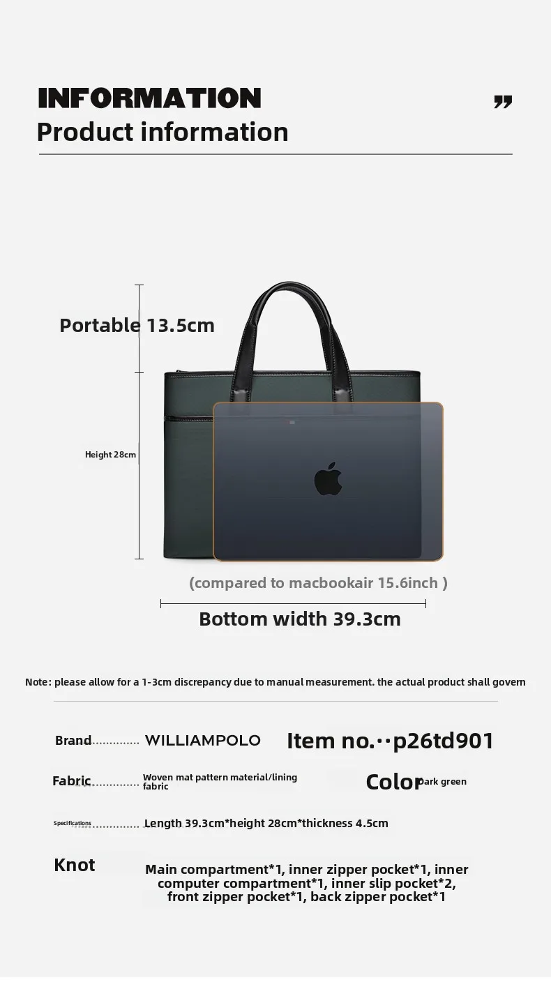 Men's Business Briefcase Wear-Resistant Laptop Notebook Computer Bag Document Handbag for Office Commuting Travel