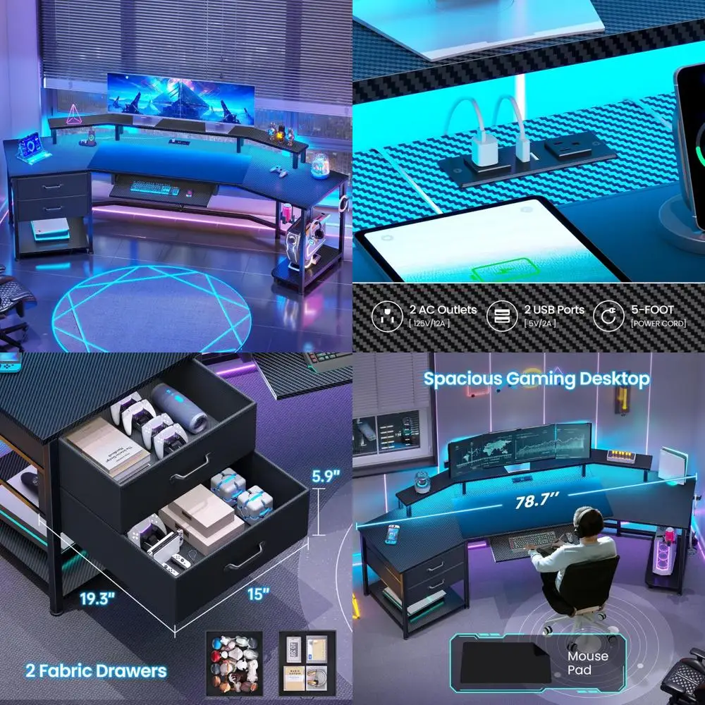 مكتب ألعاب على شكل حرف U مع أدراج قماشية، وشريط طاقة، وأضواء LED، وتخزين لإعدادات الكمبيوتر الطويلة #1