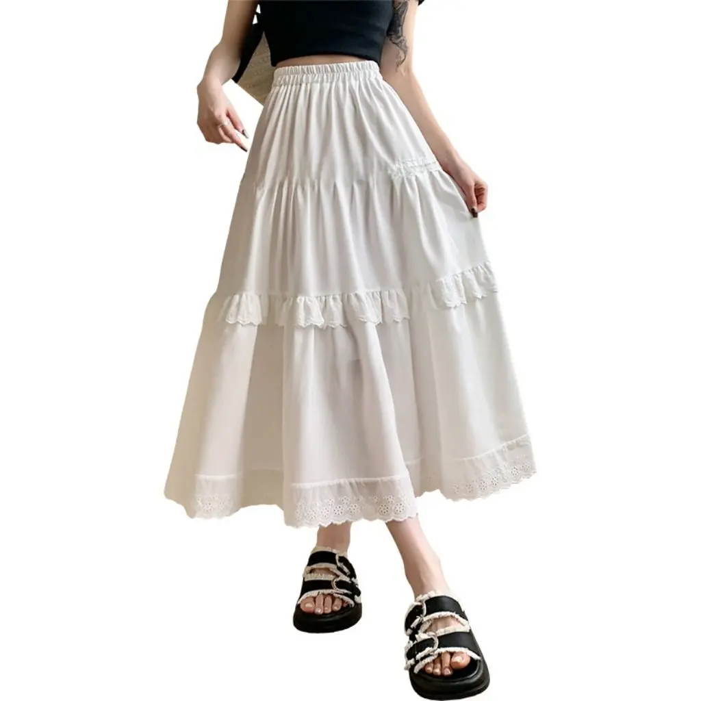 

White High Waist Slimming Cake Skirt Korean Style Gentle Wind Sweet Elastic Waist Fairy Wind Long Skirt All-match