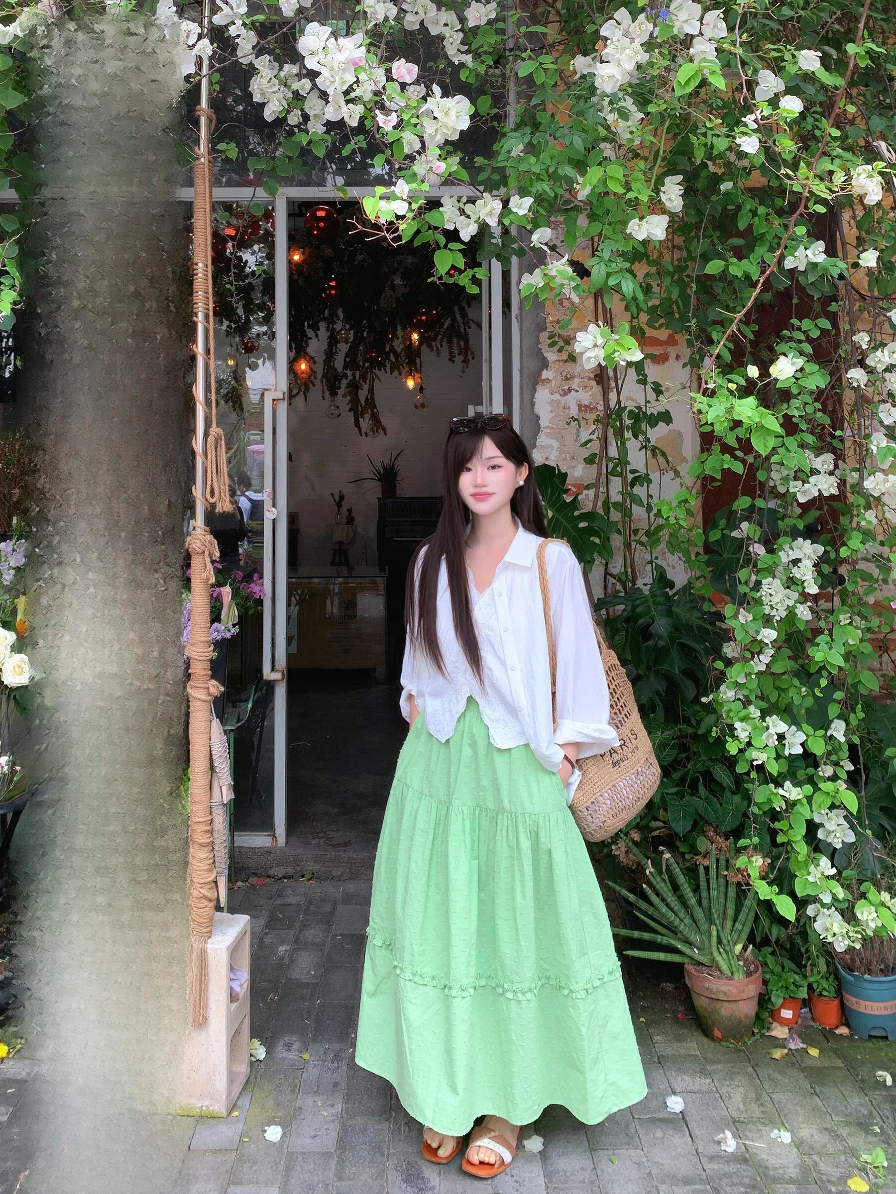 

Green Cake Skirt Half-length Women's Summer New High Waist Slim A-line Long Skirt Commute Korean Style Cotton City Commute