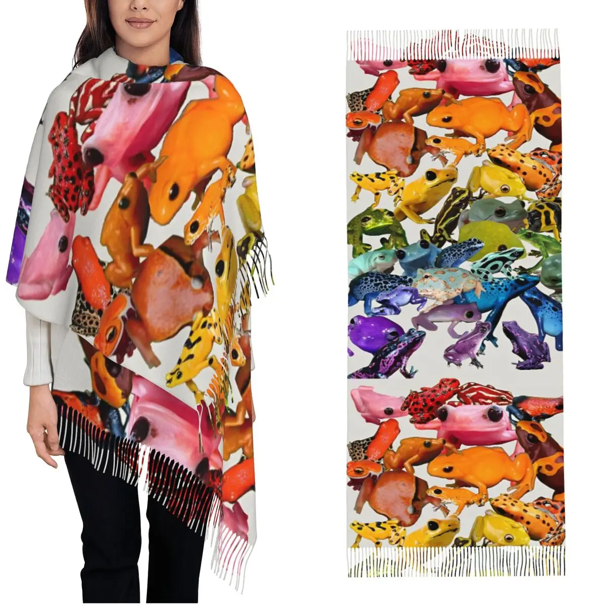 

Rainbow Frog Scarf Women Head Scarves with Long Tassel Winter y2k Funny Shawls and Wrap Keep Warm Design Bufanda Mujer
