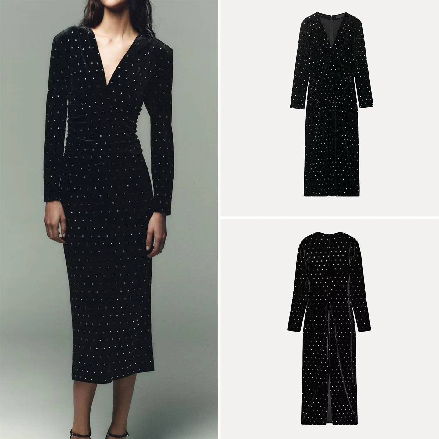 Faionable Midi Dr Z Women's 2025 New Sle Versatile iny Bead Decorated Commute A-Line Dr Long Sve round Ne