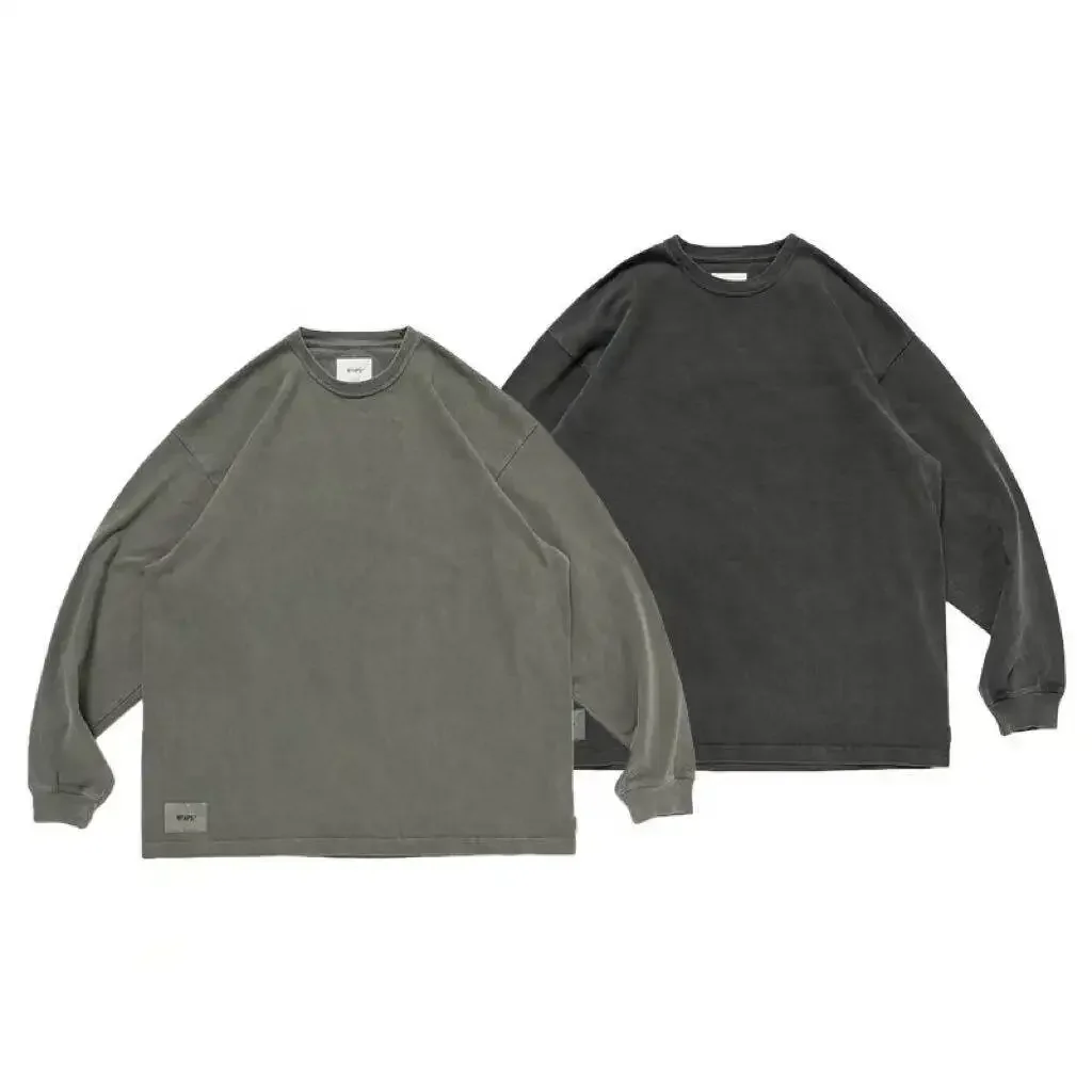 WTAPS SIGN-OD LS Men Long Sleeve T-Shirt Vintage Washed Cotton Tee Loose Fit Crew Neck Japanese Streetwear Casual Top