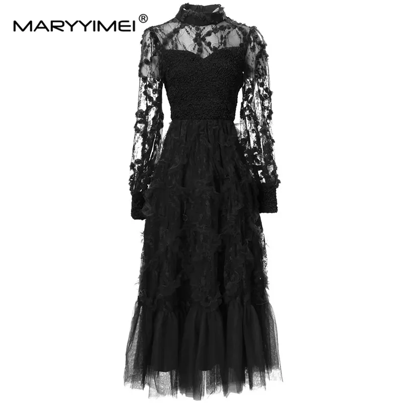 

MARYYIMEI Fashion Women's Stand up colla Applique Long sleeved Mesh Patchwork Folds Mushroom edge Slim elegant party Dresses