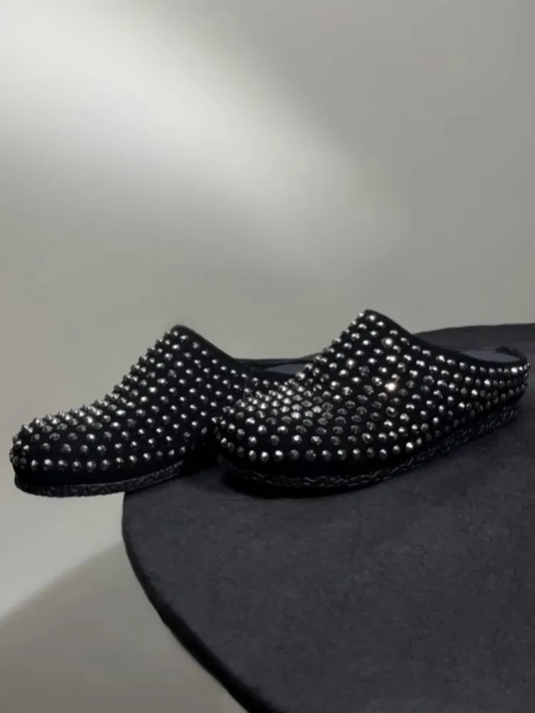 Summer Hot Sale Korean Style Diamonds Sheepskin Footwear Daily Leisure Genuine Leather Round Toe Flat Slip On Ladies Slippers