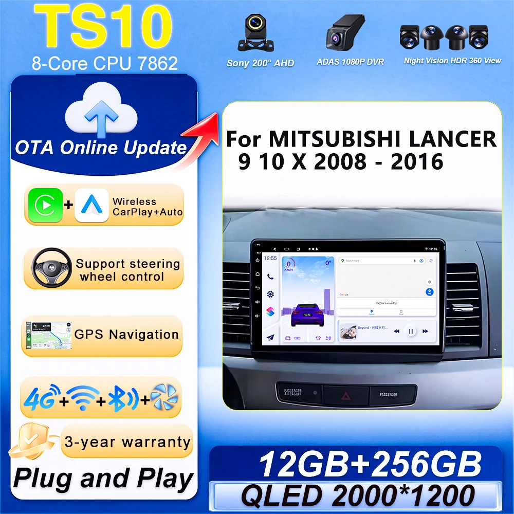 Android 16 For MITSUBISHI LANCER 9 10 X 2008 2009 2010 2011 - 2016 10 Inch Car Carplay Radio Multimidia Video Navigation GPS 5G