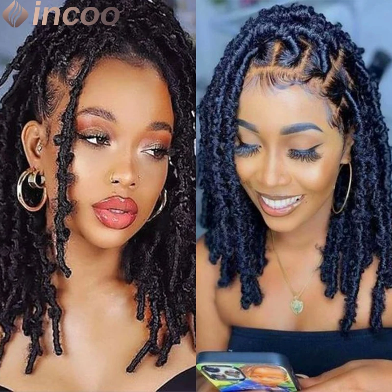 Pelucas trenzadas sintéticas negras de 16 pulgadas, trenzas de rastas duraderas, Passion Twisis, encaje Frontal