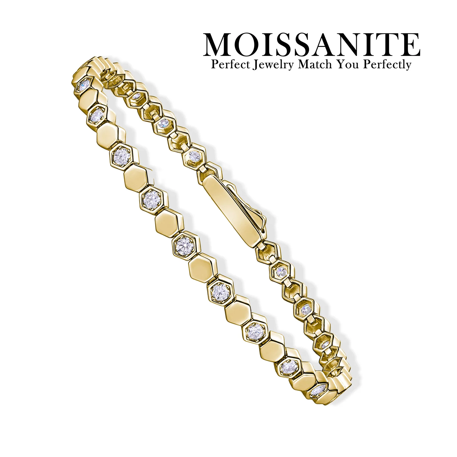 

925 Sterling Silver 14K Gold Plated Moissanite Hexagon Tennis Bracelet for Women Color Sparkling Geometric Jewelry Gift