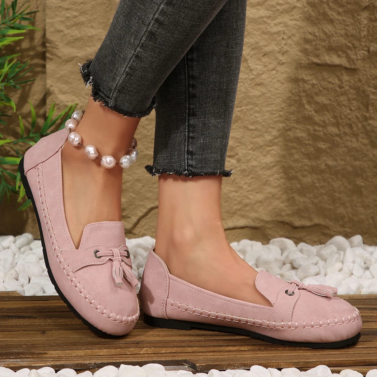 Damen-Loafer mit Quasten, runde Zehenpartie, Slip-On, flache Schuhe, Wildleder-Optik, weiche Sohle, lässige Damen-Mokassins für den Alltag. – Detail 19