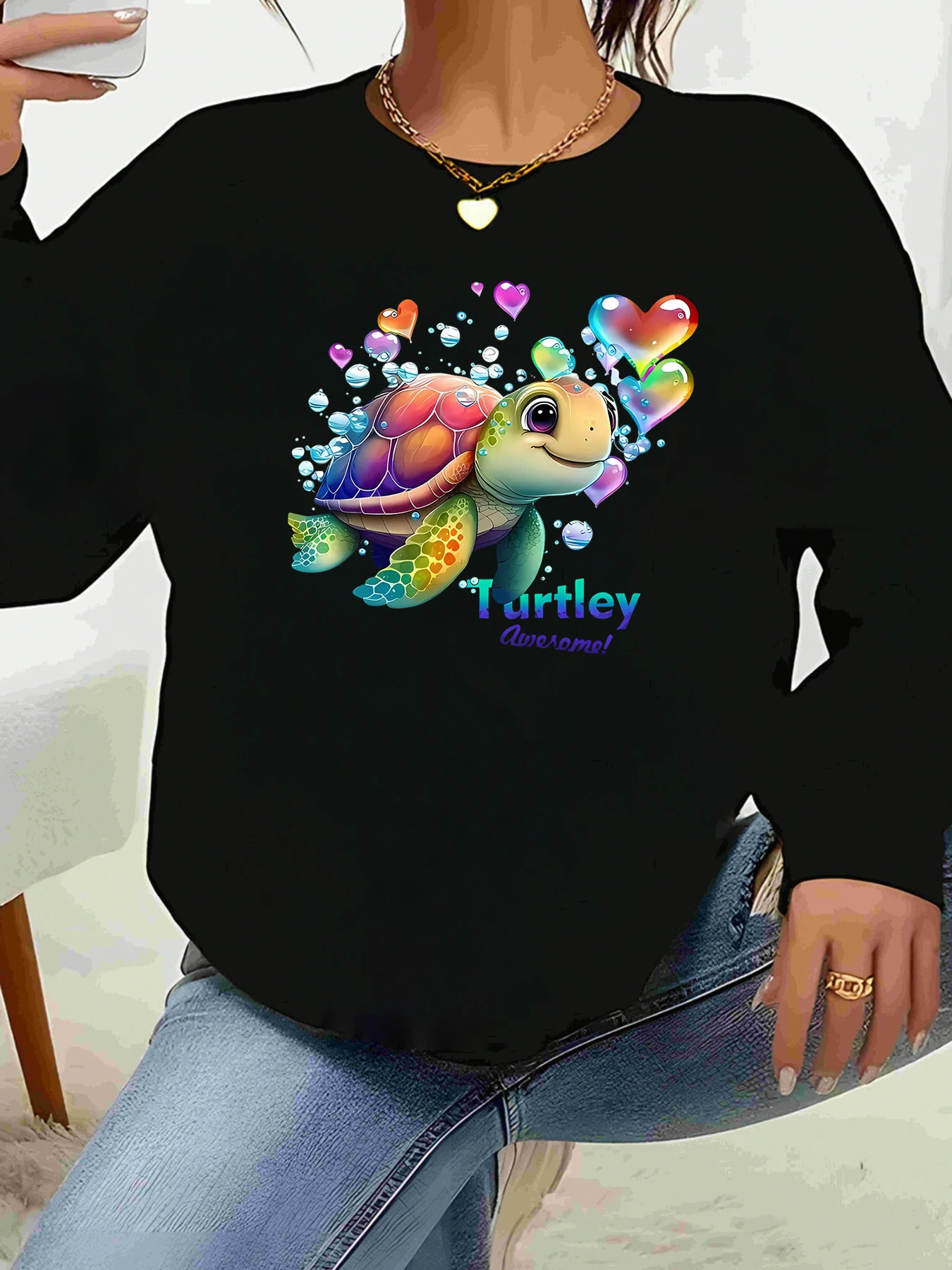 

Красочная футболка с длинными рукавами и принтом черепахи и сердца, повседневная одежда на День святого Валентина, женский модный топ