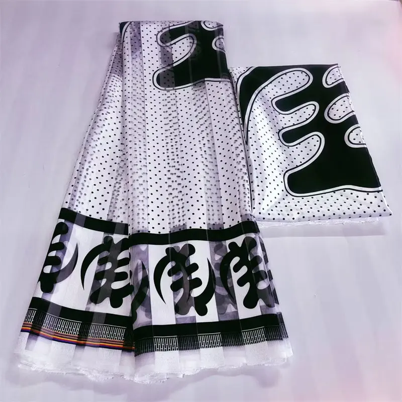 African Silk Satin Fabric for Women Dress, Black and White Ribbon, Silk Material, 6Yards. (OP-08-37