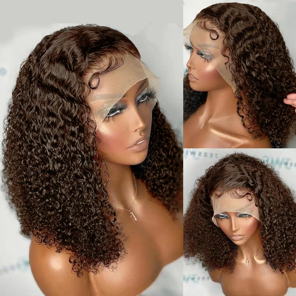 Onda Profunda Curta Bob Perucas de Cabelo, Castanho Escuro, Cor Chocolate, Cabelo Brasileiro, Transparente Peruca Dianteira Do Laço, Remy, Água Encaracolado, 13x4