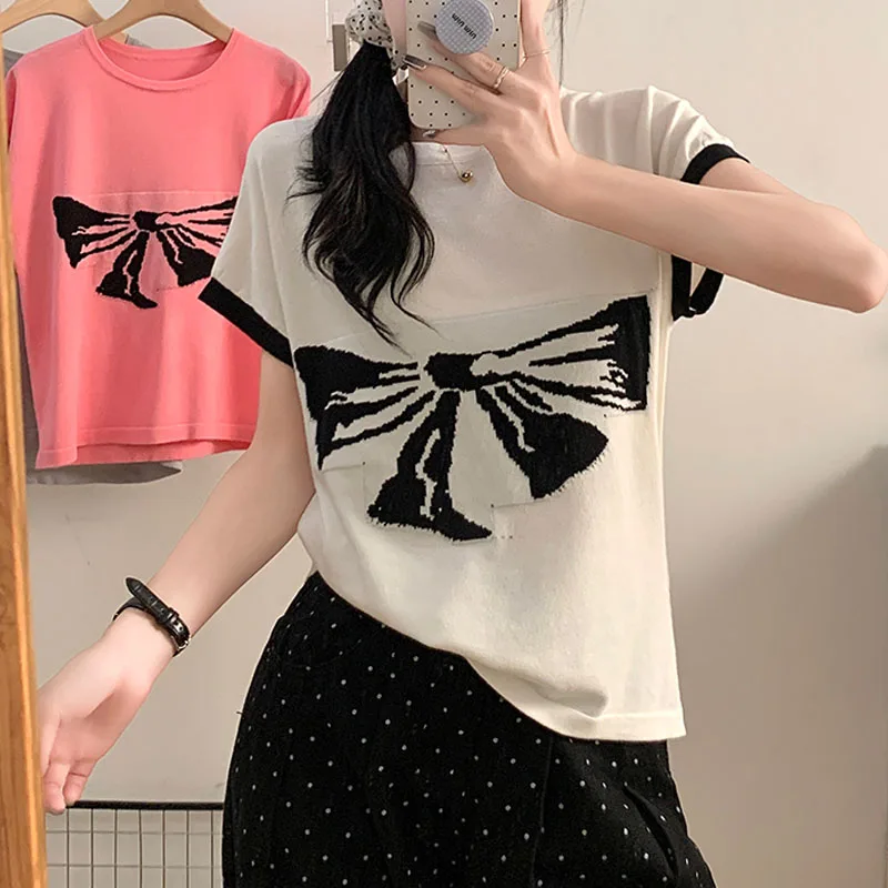 

Женская одежда, вязаный свитер, женские пуловеры, новый жаккардовый вязаный свитер с короткими рукавами, пуловер, женские топы, трикотаж с круглым вырезом Q2522