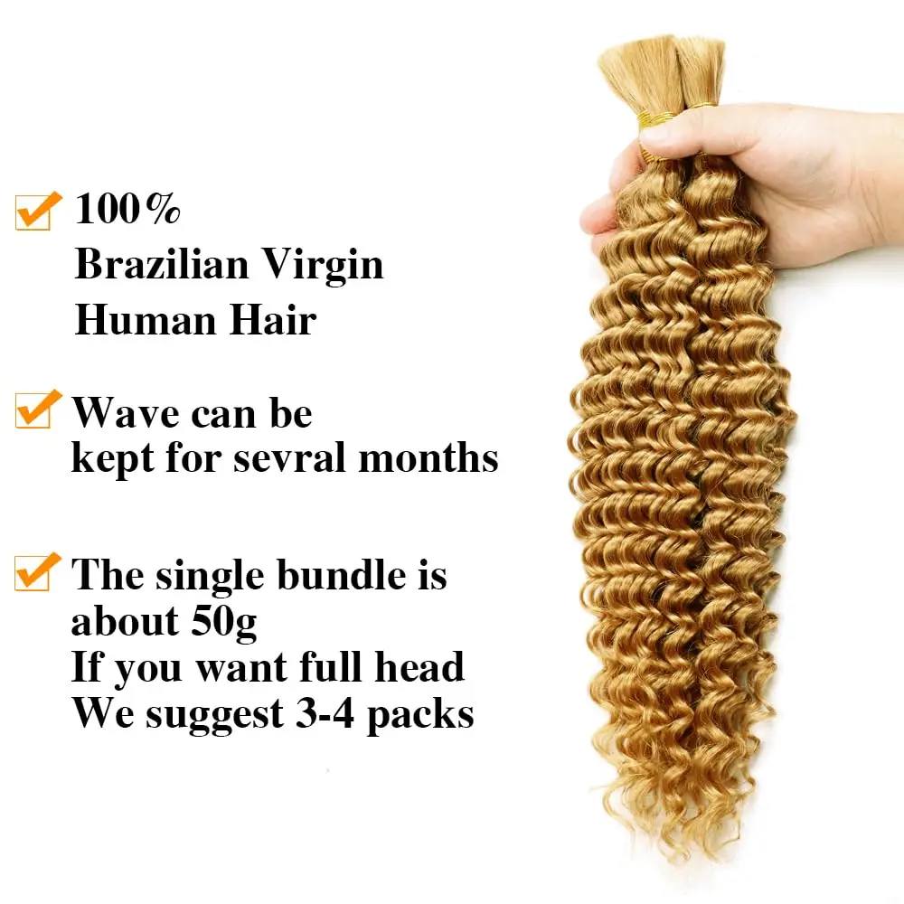 Cabello humano virgen brasileño a granel para trenzar sin trama, cabello humano ondulado profundo de 18 pulgadas (rubio miel #27), cabello trenzado a granel