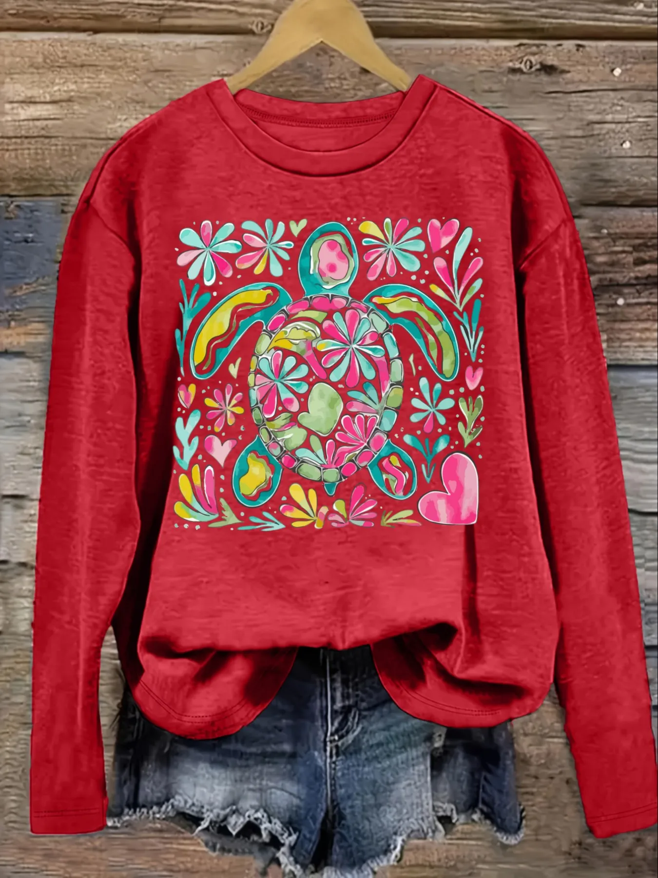 Women's Casual Long Sleeve Crew Neck T-Shirt Colorful Floral Turtle Graphic Print Design, Round Neck Women's Clothing, Machine Washable, Slightly Elastic, Loose Fit, Spring Autumn Winter Women's T-Shirt, Halloween Costume Outfit view 4