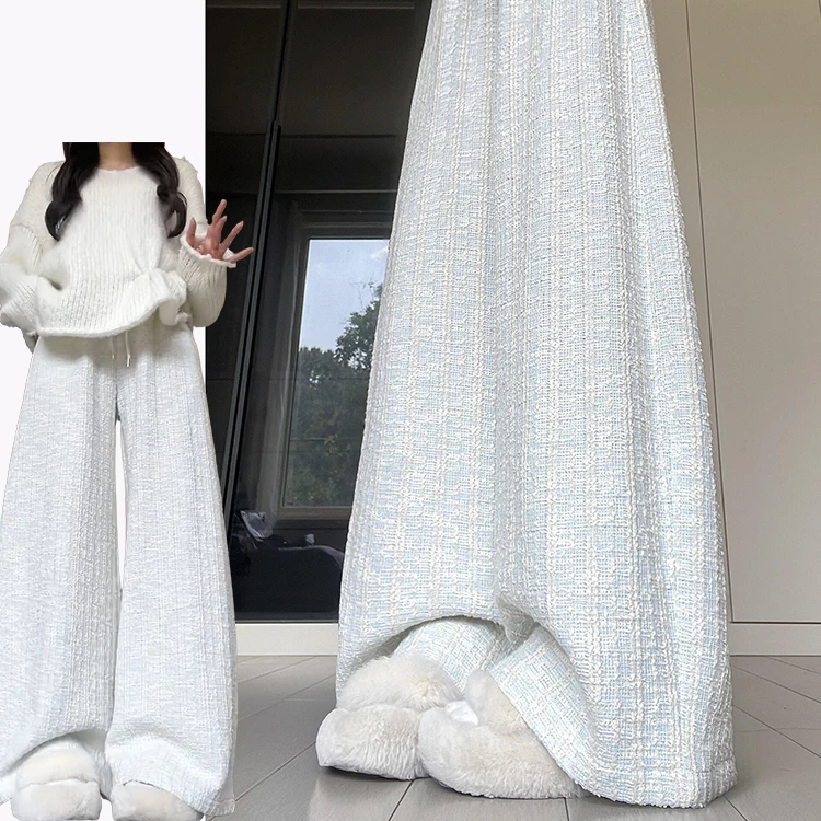Pantalones de pierna ancha holgados informales para mujer Otoño Invierno nuevos pantalones coreanos de punto de cintura alta drapeados hasta el suelo
