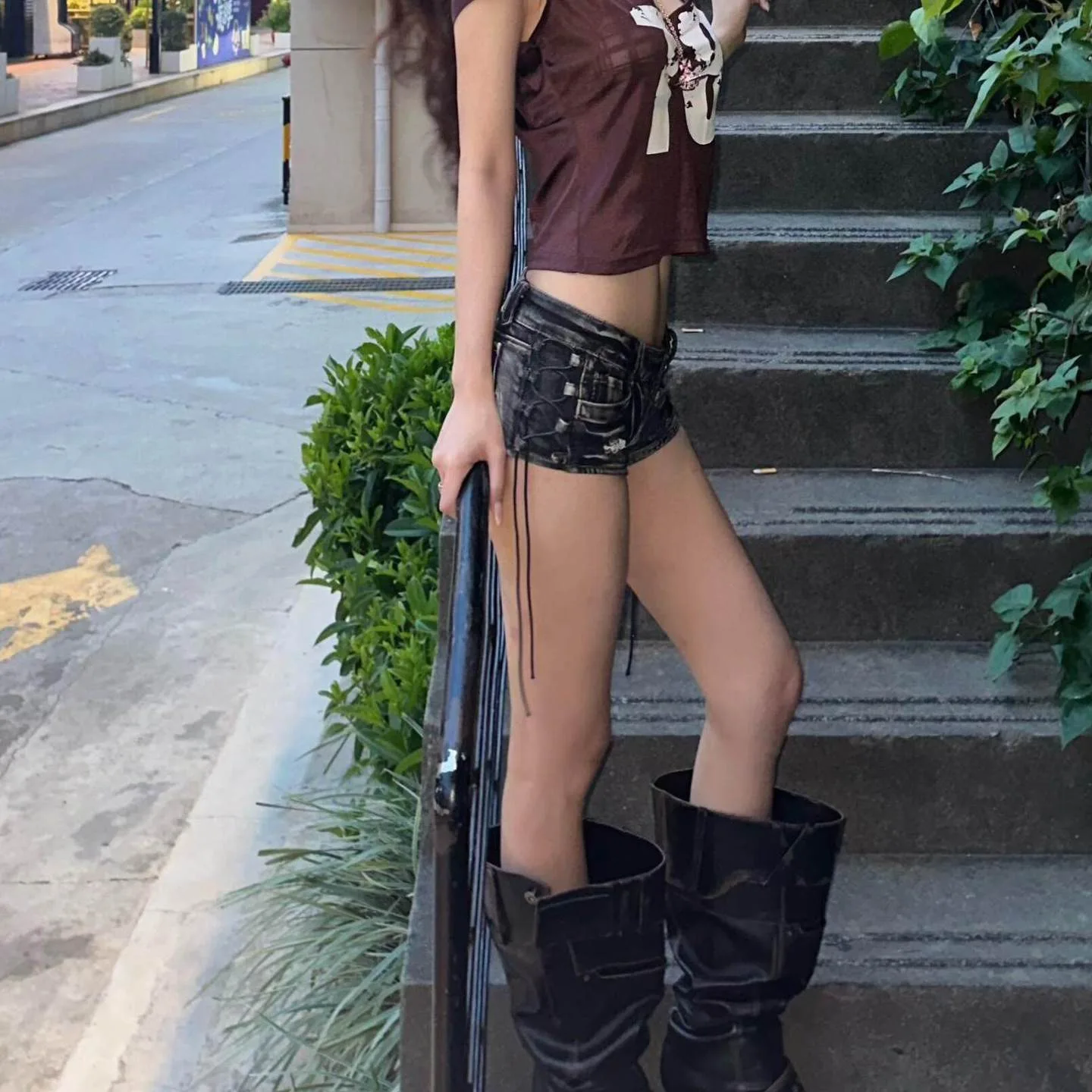 American Spice Girls Washed Black Strap Denim Shorts Women 2026 Summer Low Waist Slim Skinny Sexy Hip Wrap Hot Pants view 4